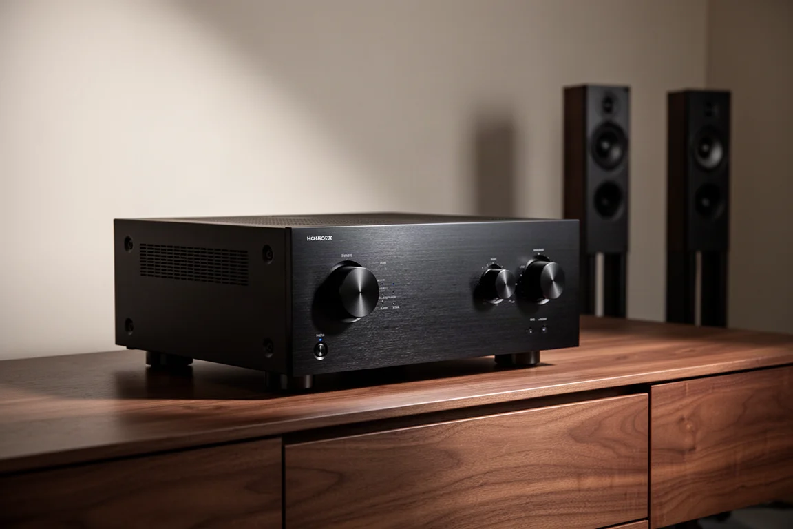 Black flagship AV receiver on a walnut media console with floorstanding speakers behind