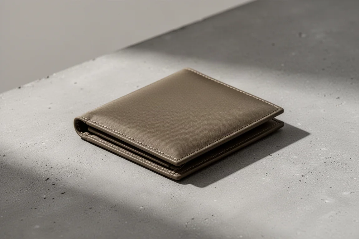 Cartera bifold fina en tela de tonos tierra apoyada sobre una superficie de hormigón