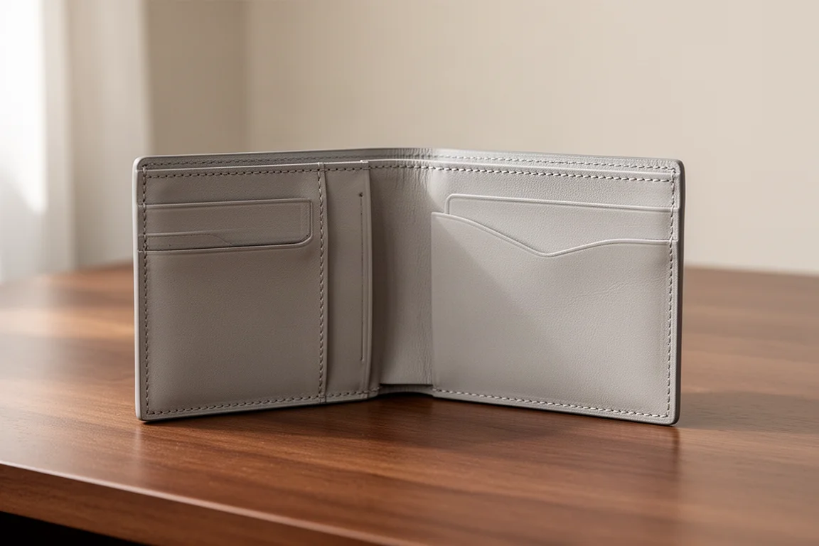Cartera bifold abierta sobre un escritorio mostrando los portatarjetas interiores y el compartimento para billetes