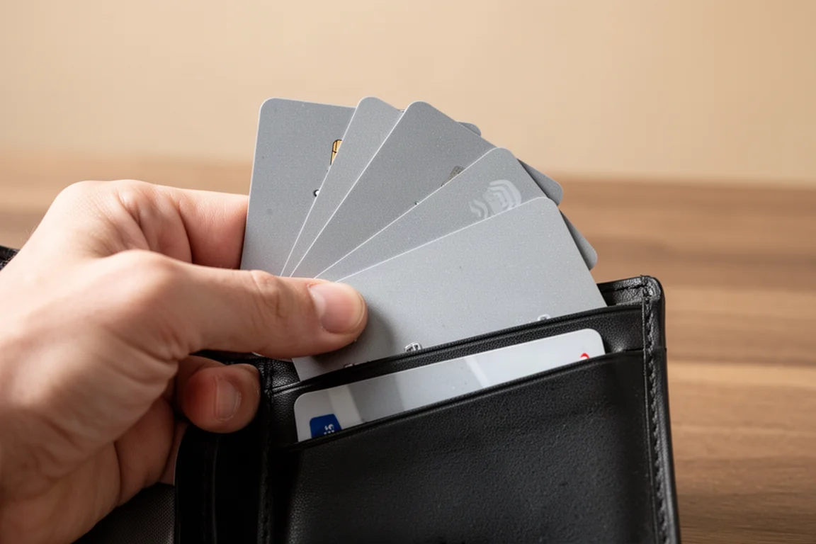 Tarjetas de crédito en abanico extrayéndose de los portatarjetas interiores de una cartera