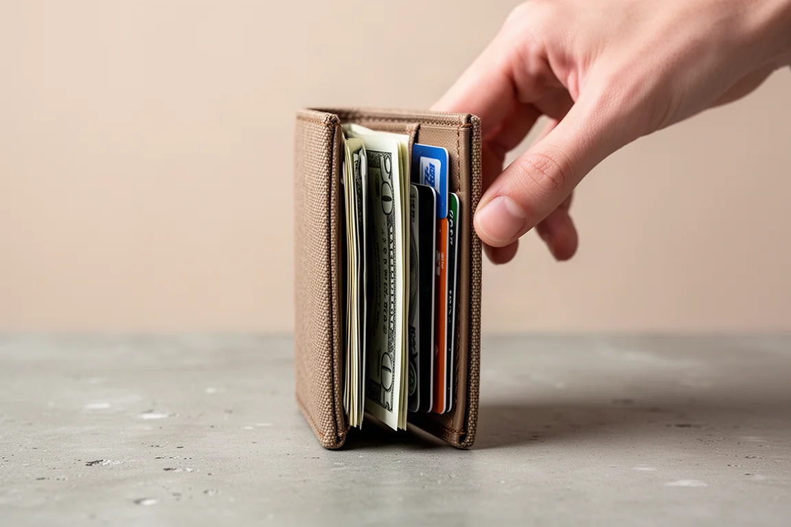 Cartera bifold cargada con billetes y tarjetas, comparando el grosor con la mano