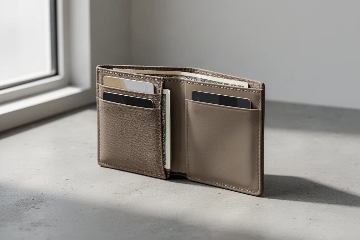 Slim bifold wallet in earth-tone fabric, partially open on concrete surface
