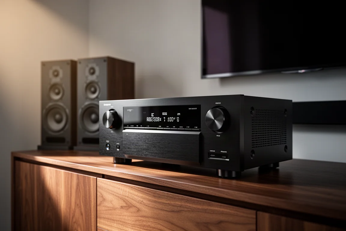 Black AV receiver on a walnut media console with bookshelf speakers behind