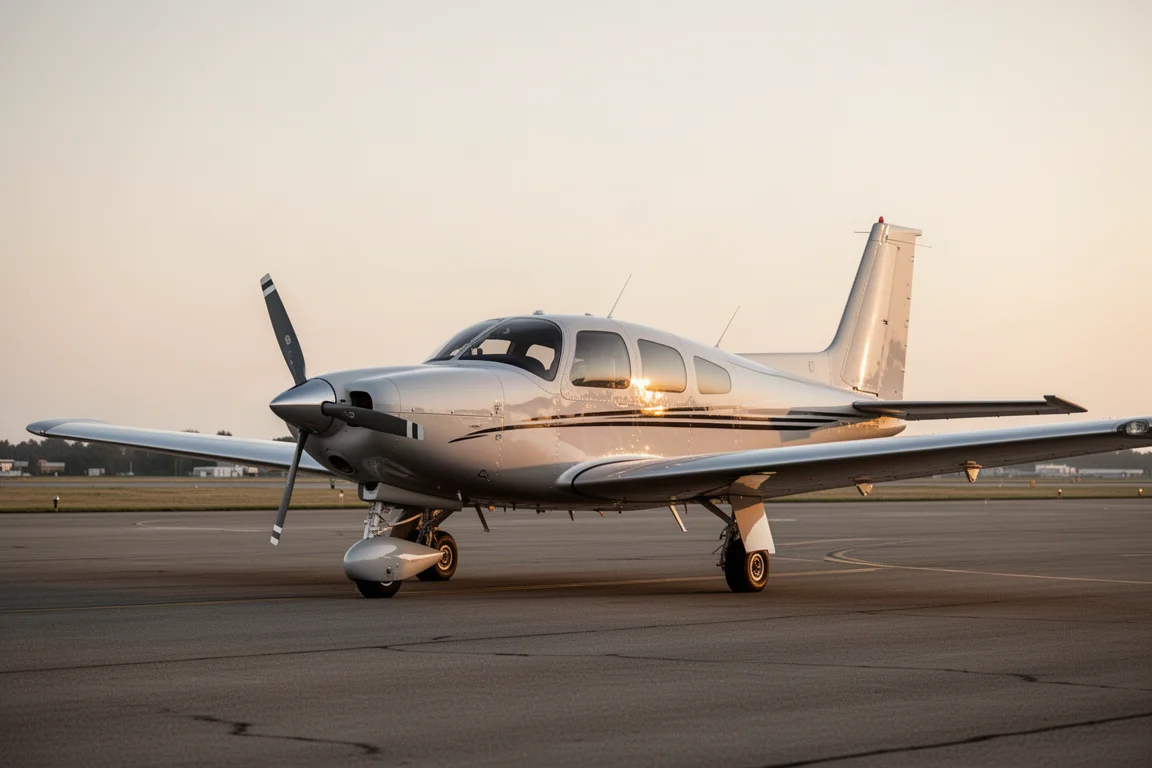 Cabin-class single-engine aircraft parked on a ramp in warm evening light