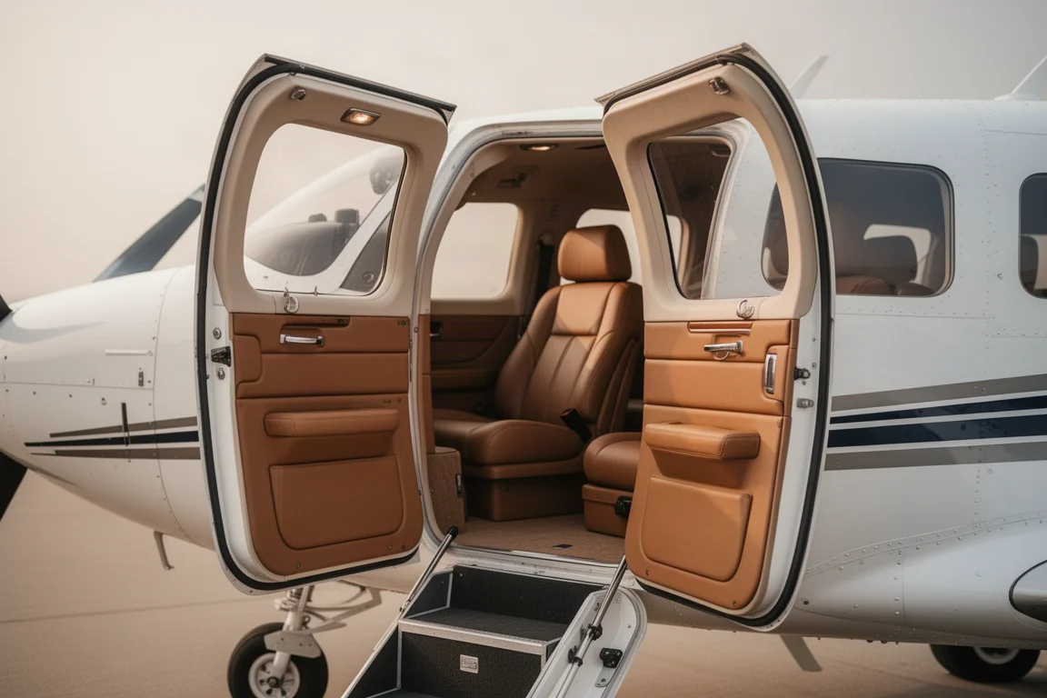 Two-part airstair door open on a cabin-class aircraft showing a wide interior