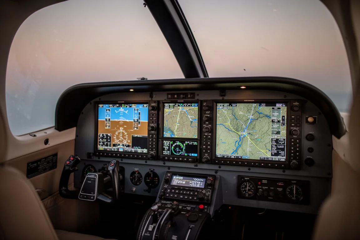 Glass cockpit avionics panel glowing in a small aircraft interior