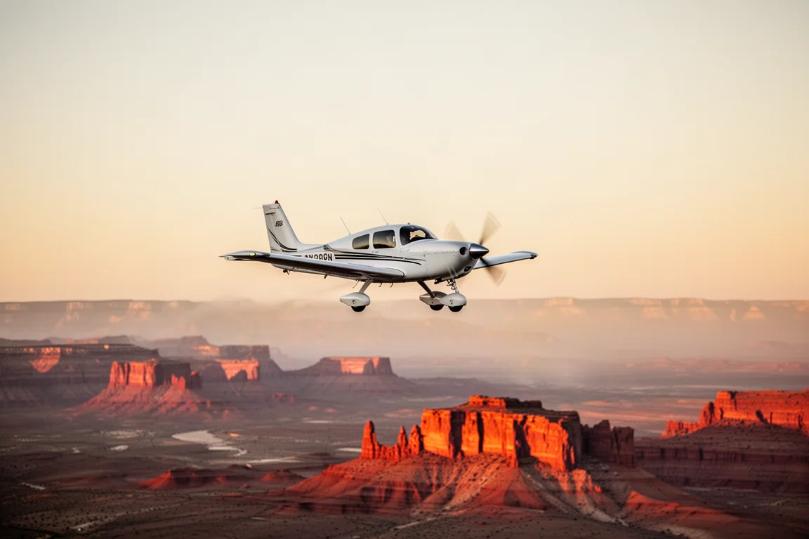 Aircraft cruising above a sunset-lit desert landscape with red rock formations