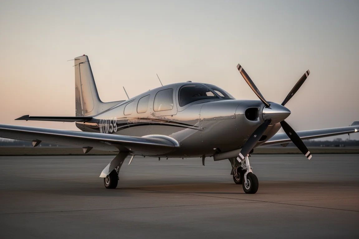 Piper PA-46 Malibu Mirage parcheggiato su una piazzaa in cemento al tramonto