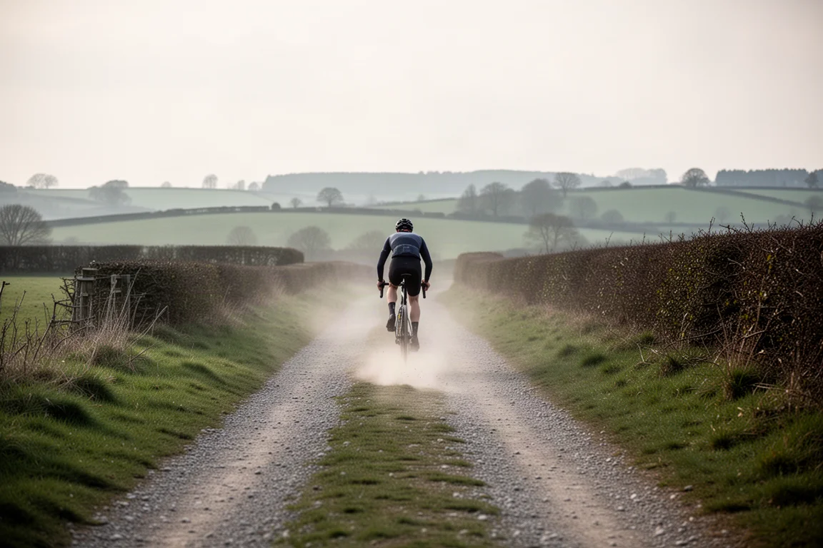 Ciclista che percorre veloce un tracciato gravel misto con scia di polvere e colline sullo sfondo