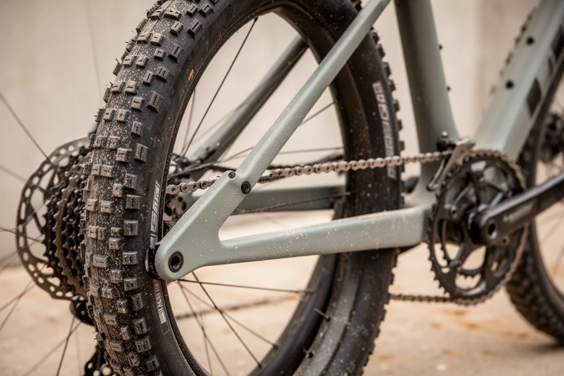 Primo piano del triangolo posteriore di una bici gravel con lo spazio attorno a un copertone largo e tassellato