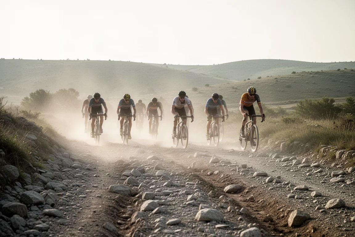 Gruppo di ciclisti gravel su un tracciato roccioso e accidentato con polvere sospesa nell'aria