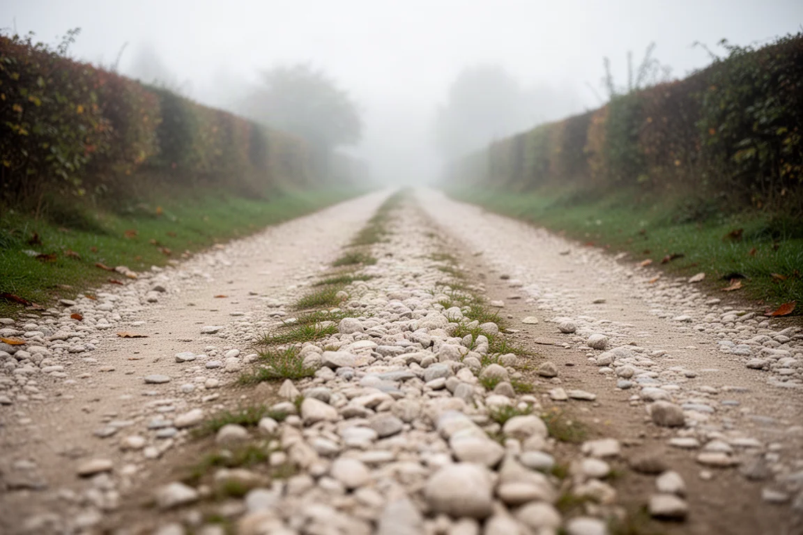 Blick in niedriger Perspektive eine stille Schotterstraße entlang, mit Nebel und Hecken