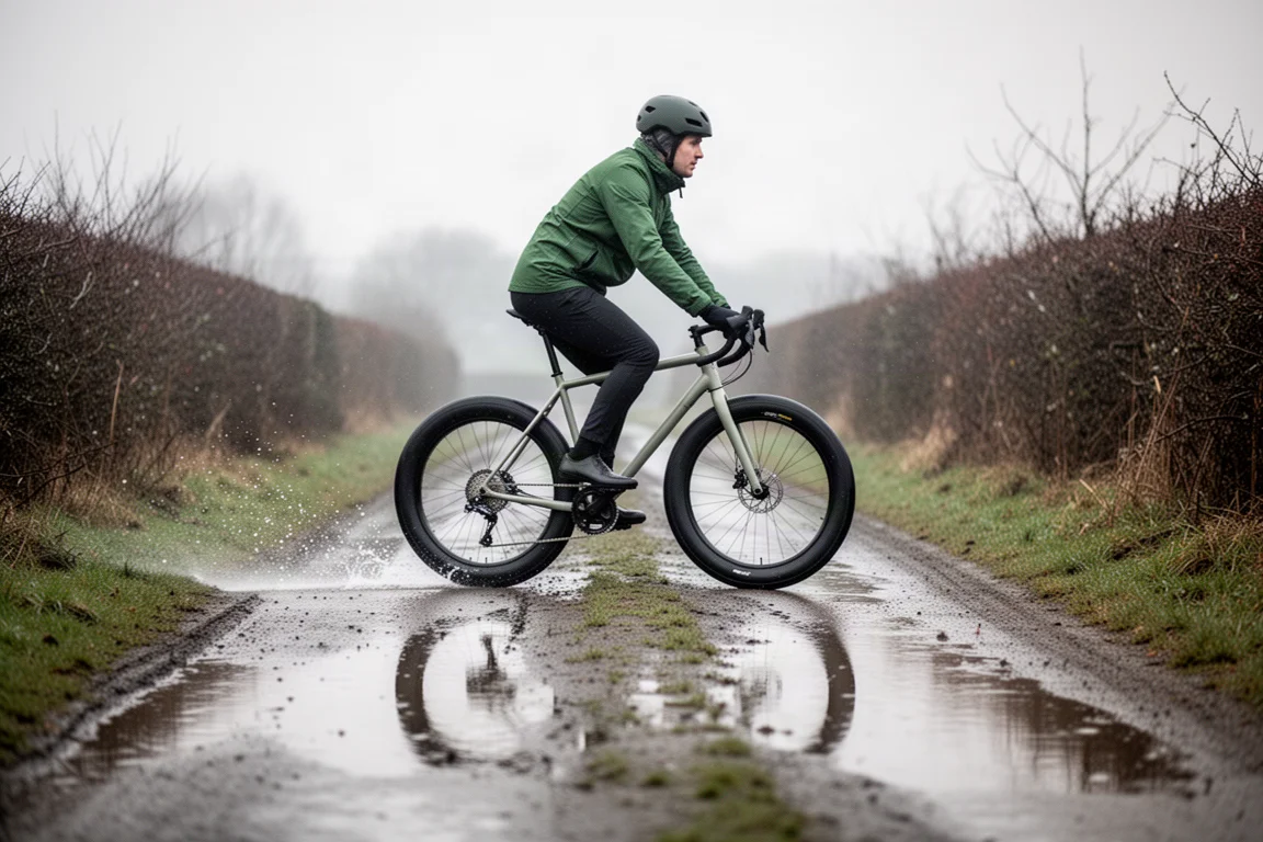 Rennrad mit Drop-Bar-Lenker und breiten Reifen auf nasser Landstraße im Winter