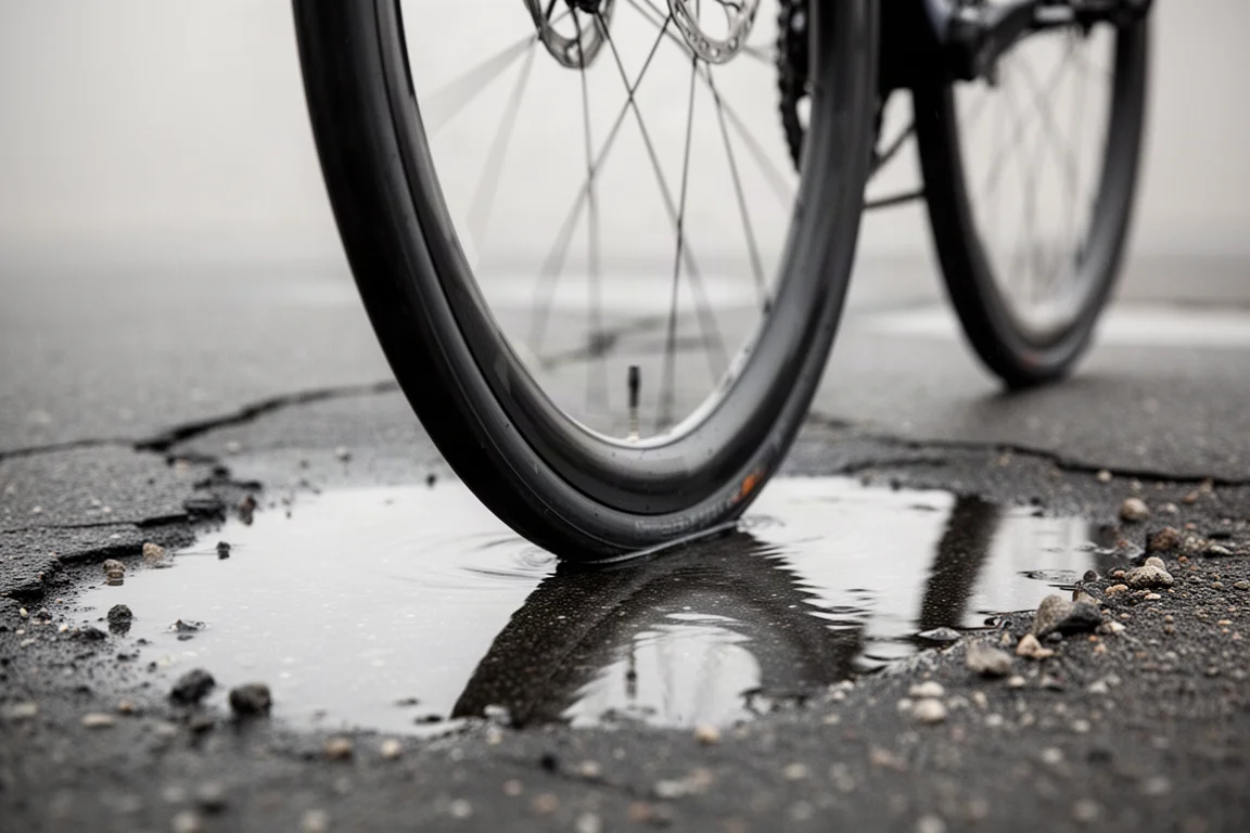 Nahaufnahme aus niedrigem Winkel von einem breiten Straßenreifen auf rissigem, nassem Asphalt