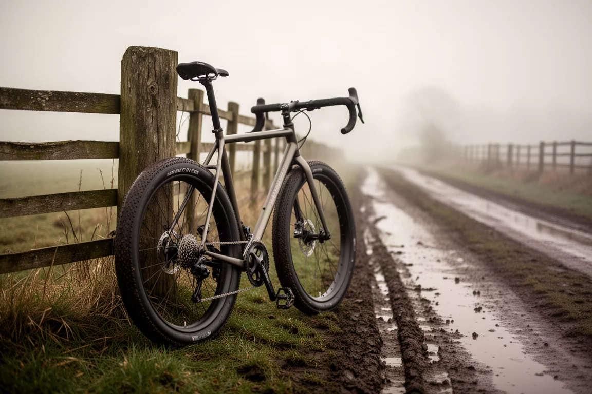 Winterrennrad lehnt an einem Zaun neben einem matschigen Feldweg