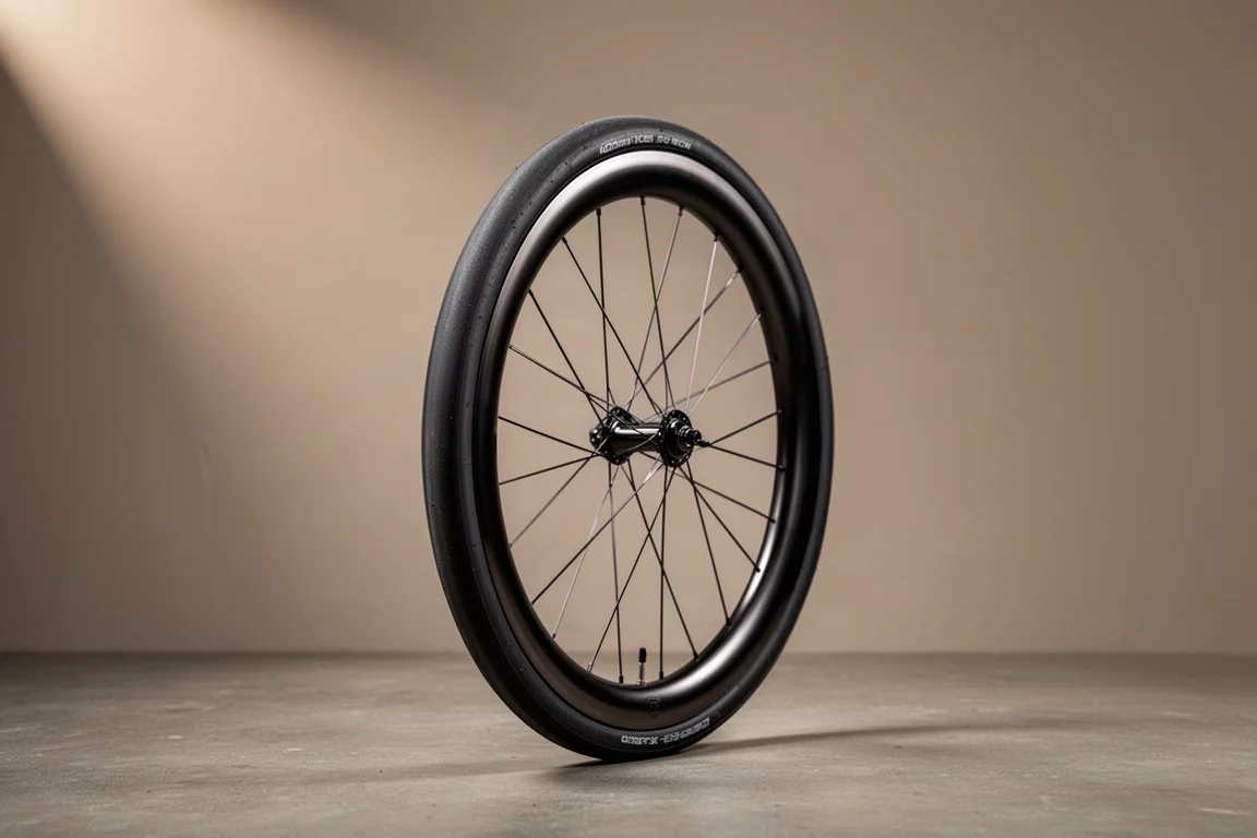 Wide 40mm road bike tire mounted on a rim standing on a matte concrete surface