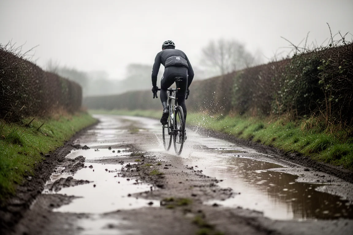 Ciclista su una strada di campagna bagnata all'alba con spruzzi sollevati dai pneumatici