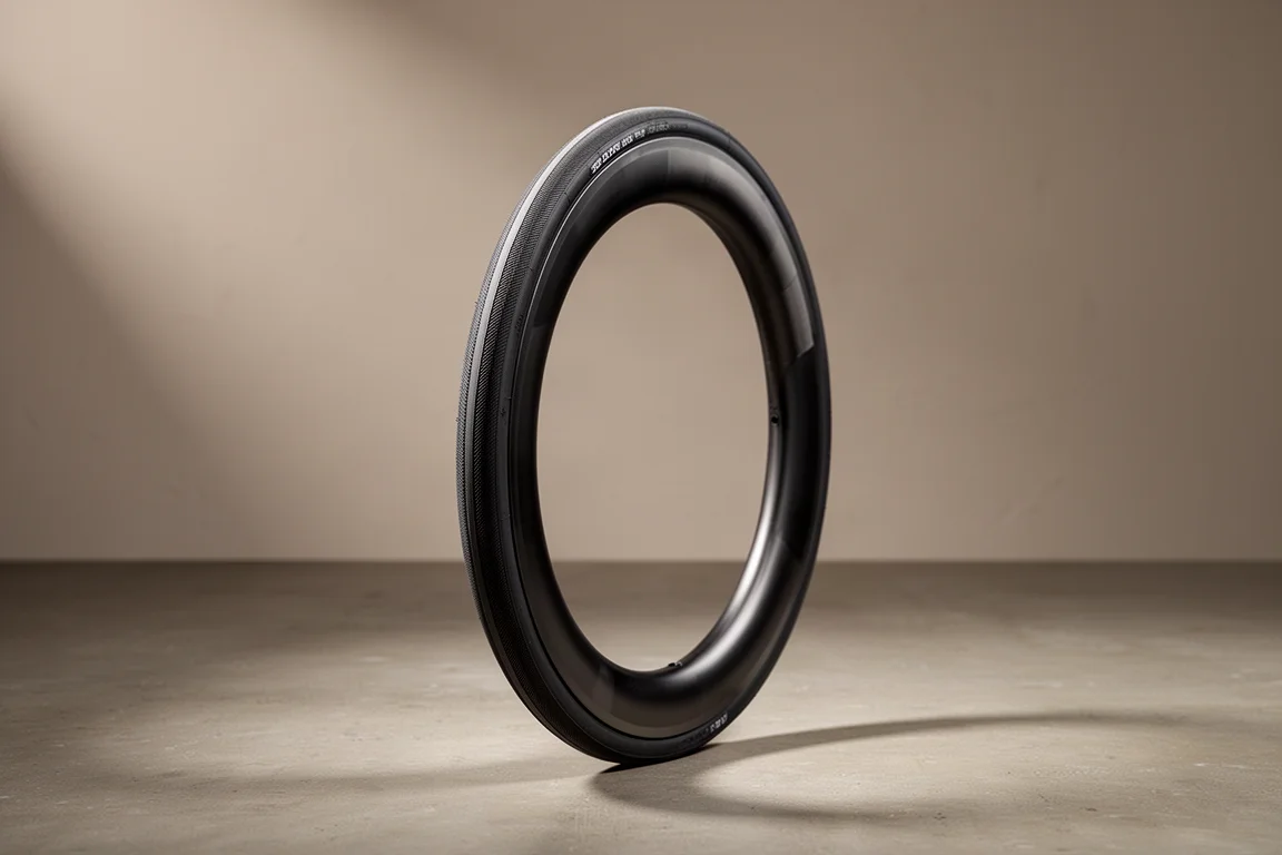 Zwarte racefietsband met fijn profiel gemonteerd op een diepe carbonvelg op beton