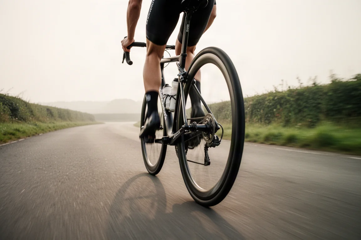 Road cyclist riding fast on smooth tarmac in soft early morning light