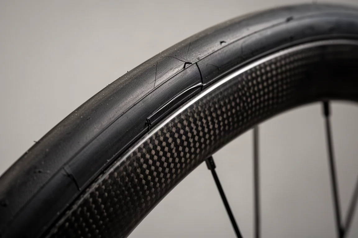 Close-up of a tire sidewall sitting flush against a carbon rim profile