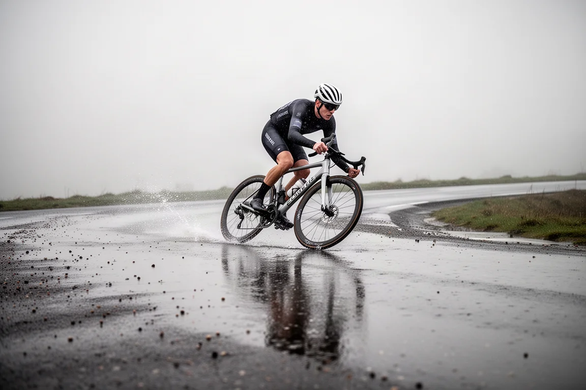 Cyclist cornering on wet roads with spray rising from the tires