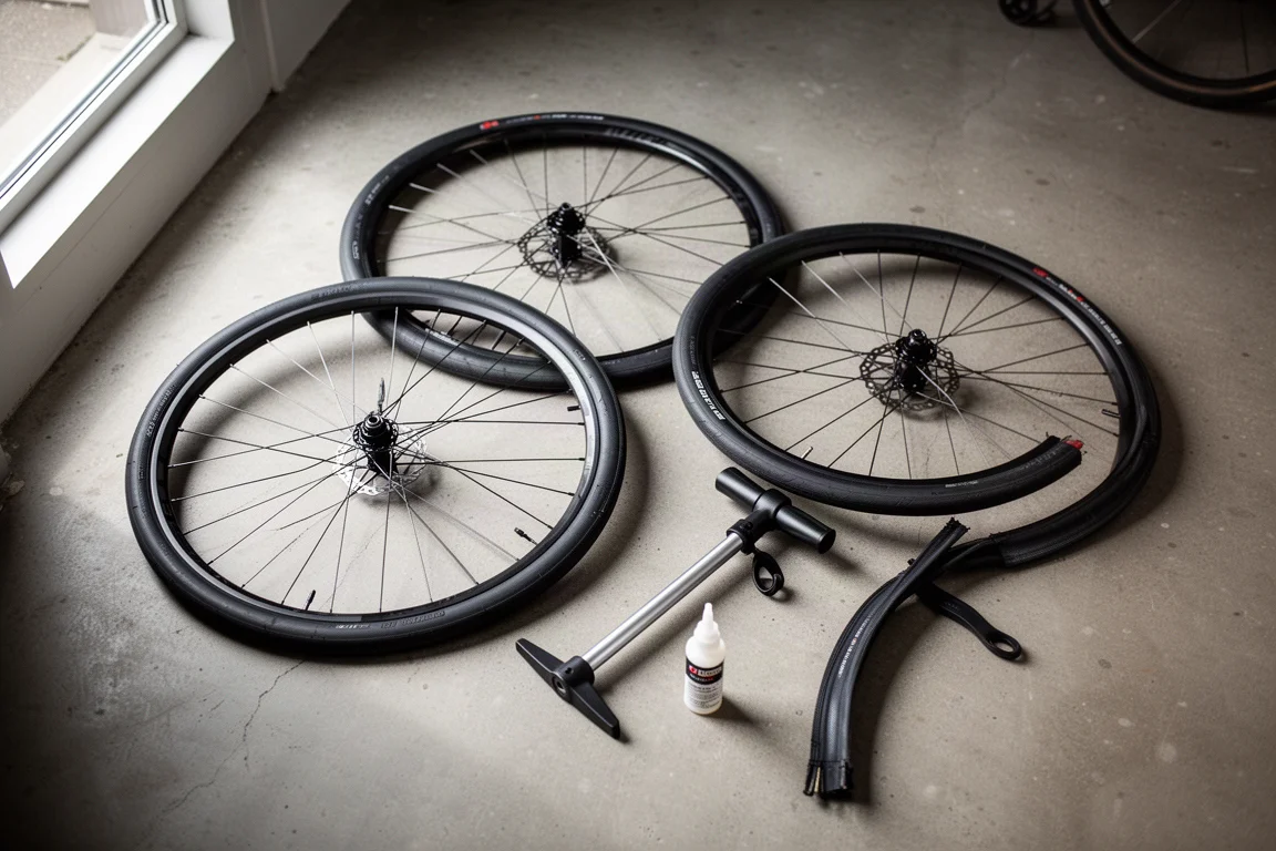 Road bike wheels and tires arranged on a workshop floor with tools nearby