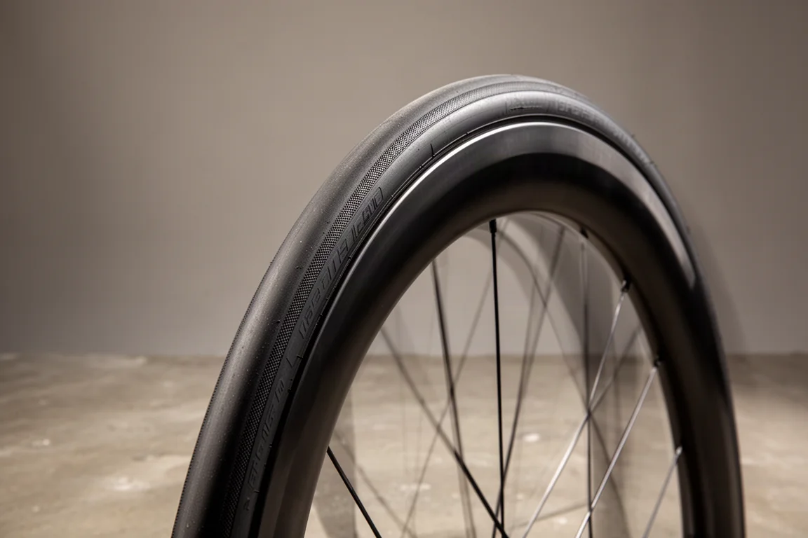 Slick road bicycle tire mounted on a deep carbon rim showing a flush sidewall