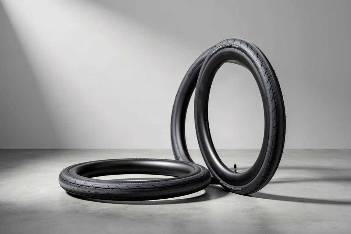 Paar brede slick wegbanden voor racefietsen op matte betonnen ondergrond