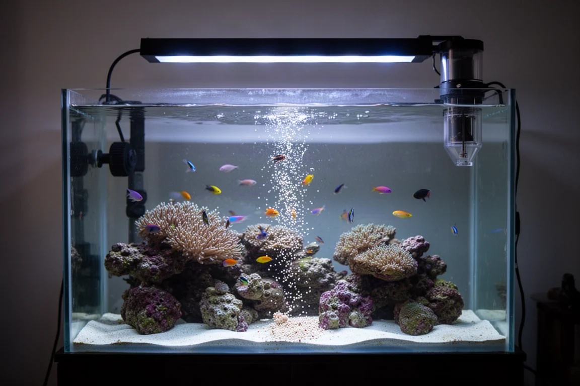 Reef aquarium at dusk with small fish feeding as pellets drift down the water column