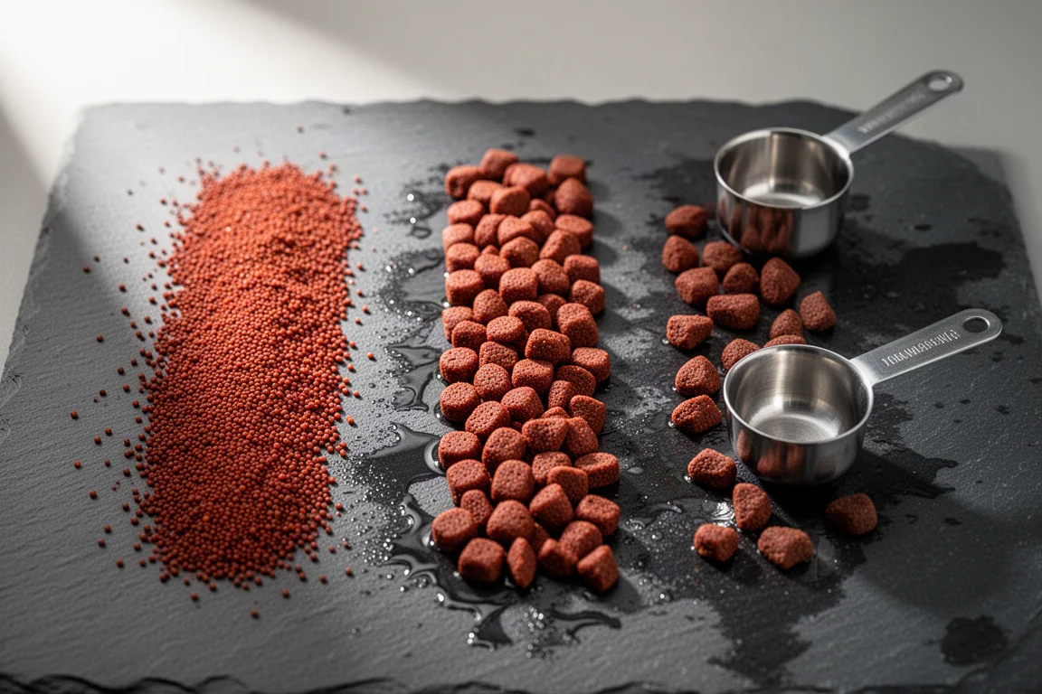 Three grades of fish food pellets arranged in neat rows on dark slate with a small scoop
