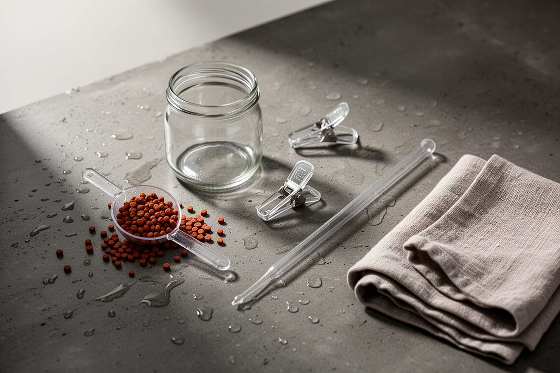 Overhead flat-lay of aquarium feeding tools on a wet dark countertop