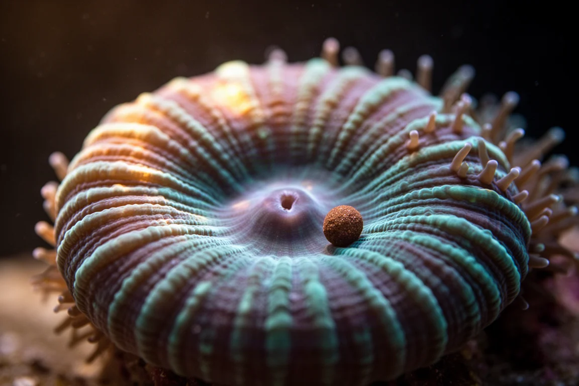 Macro of a fleshy LPS coral with a small pellet resting near its mouth