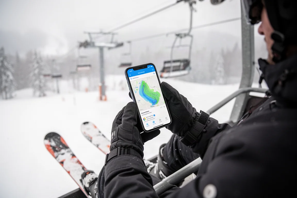 Esquiador conferindo dados de rastreamento no celular enquanto usa o teleférico