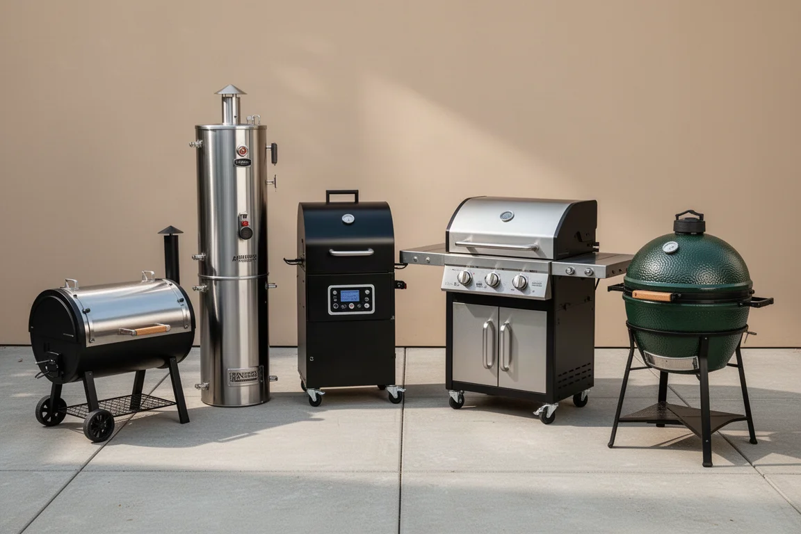 Four Pit Boss pellet and combination grills lined up on a concrete patio