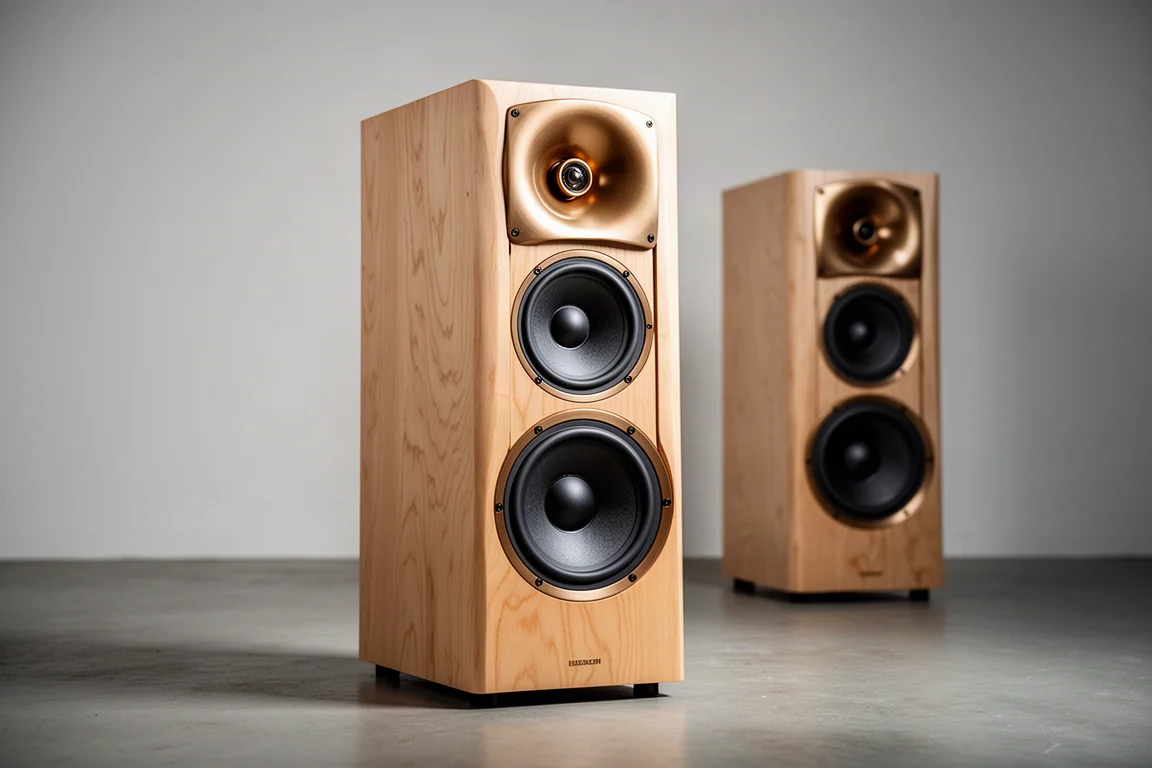 Wood-finished active two-way loudspeaker with 15-inch woofer and bronze waveguide in a minimal room