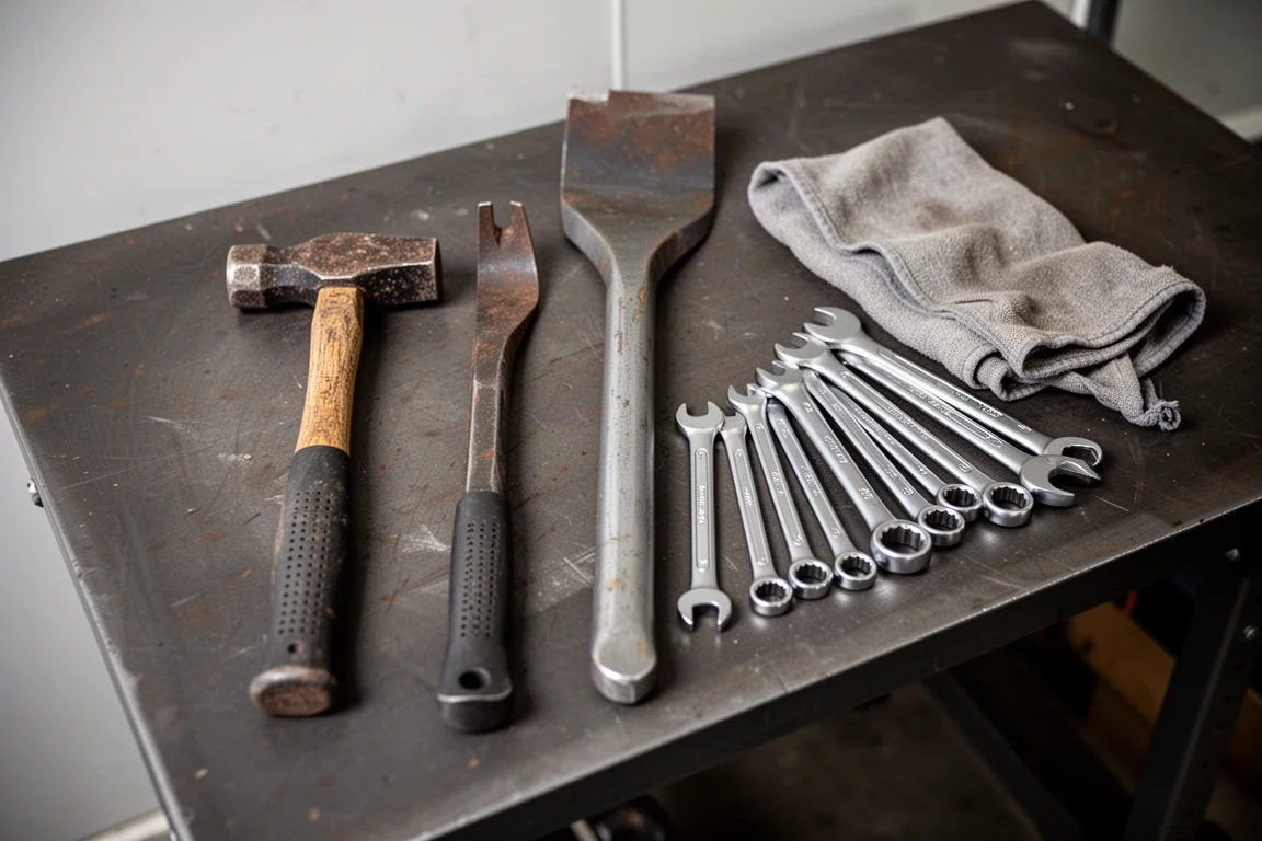 Organiserade handverktyg utlagda på en garagearbetsbänk