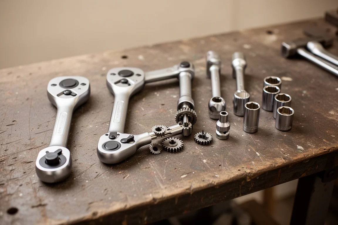 Établi d'atelier avec outils et pièces d'un cliquet ouvert pour inspection