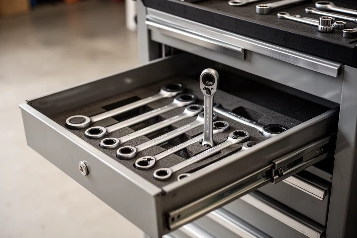 Petit plateau de cliquets dans un tiroir de caisse à outils avec divers outils à main