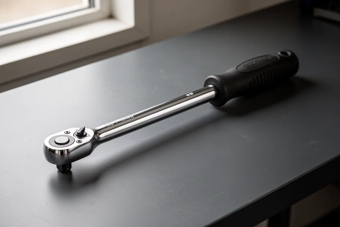 Extended 3/8-inch drive flex head ratchet lying on a dark workbench