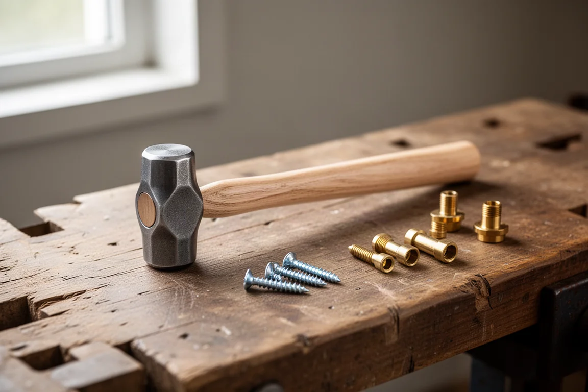 Kleine dubbelzijdige hamer liggend op een houten werkbank naast verspreide schroeven