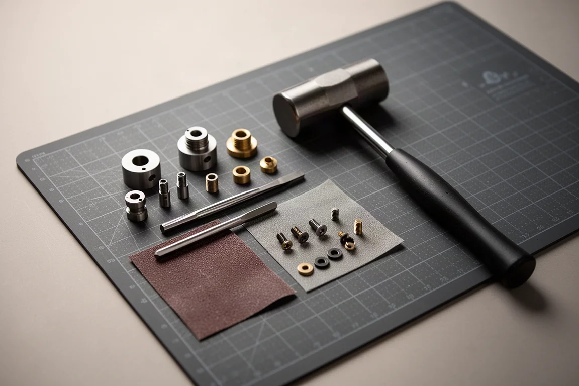 Werkbank met machinistengereedschap en kleine onderdelen uitgelegd