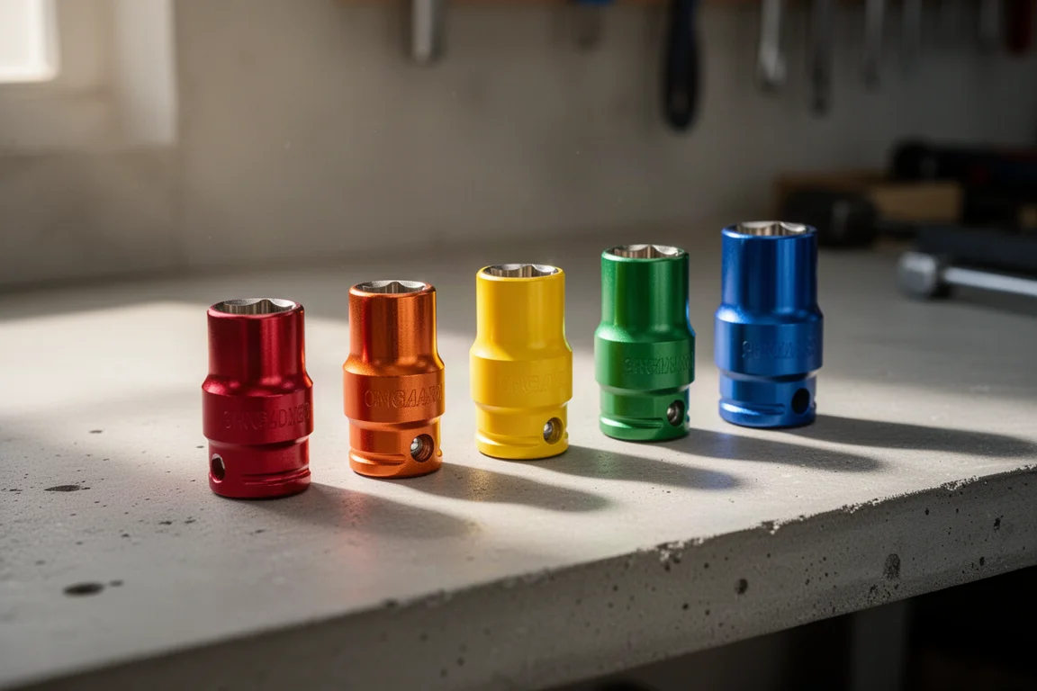 Row of brightly color-coded sockets laid out on a concrete workbench