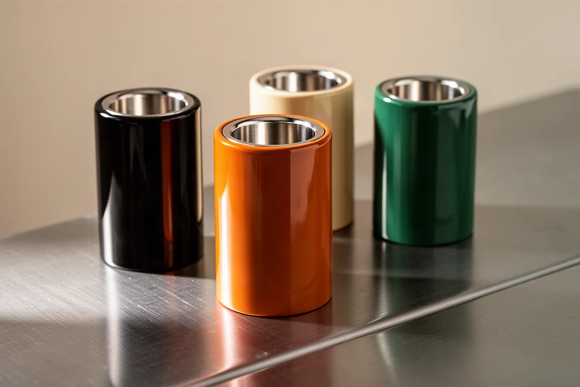 Close-up of color-coded deep sockets standing upright in soft light