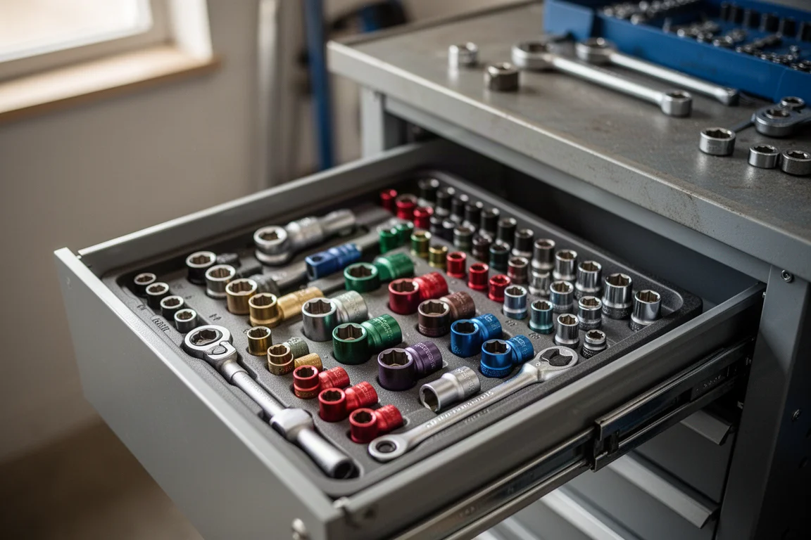 Socket drawer in a workshop with color-coded sockets in a tray