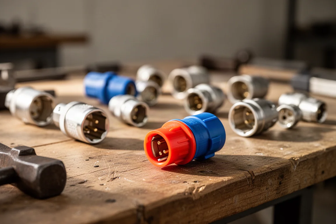 Hands reaching for a specific colored socket on a workbench scene