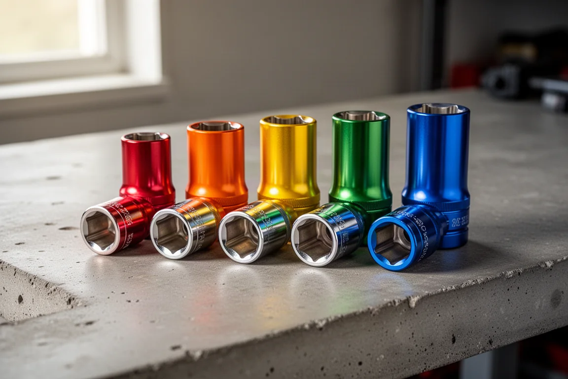 Row of color-coded 3/8-inch drive sockets on a concrete workbench