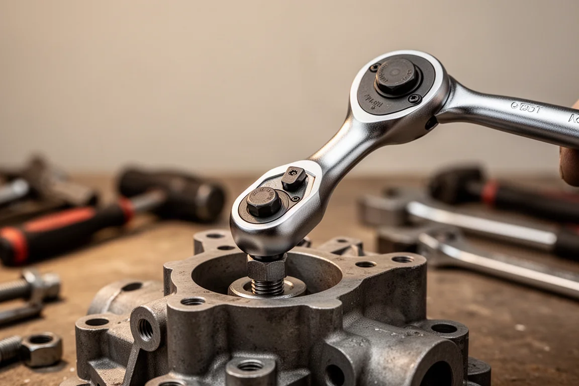 Adjustable head ratchet positioned at an angle to reach a fastener in a tight spot