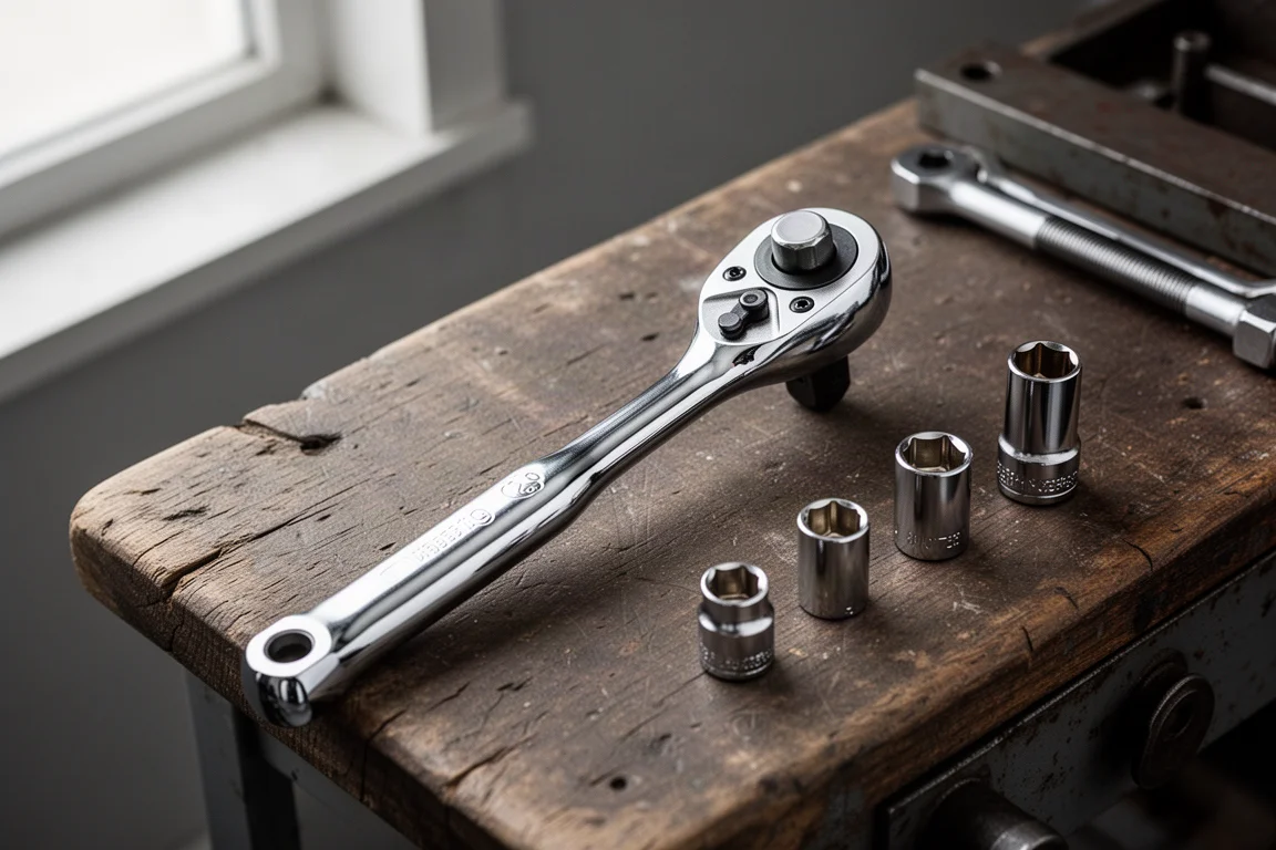 Swivel head ratchet being pivoted between fingers on a workbench