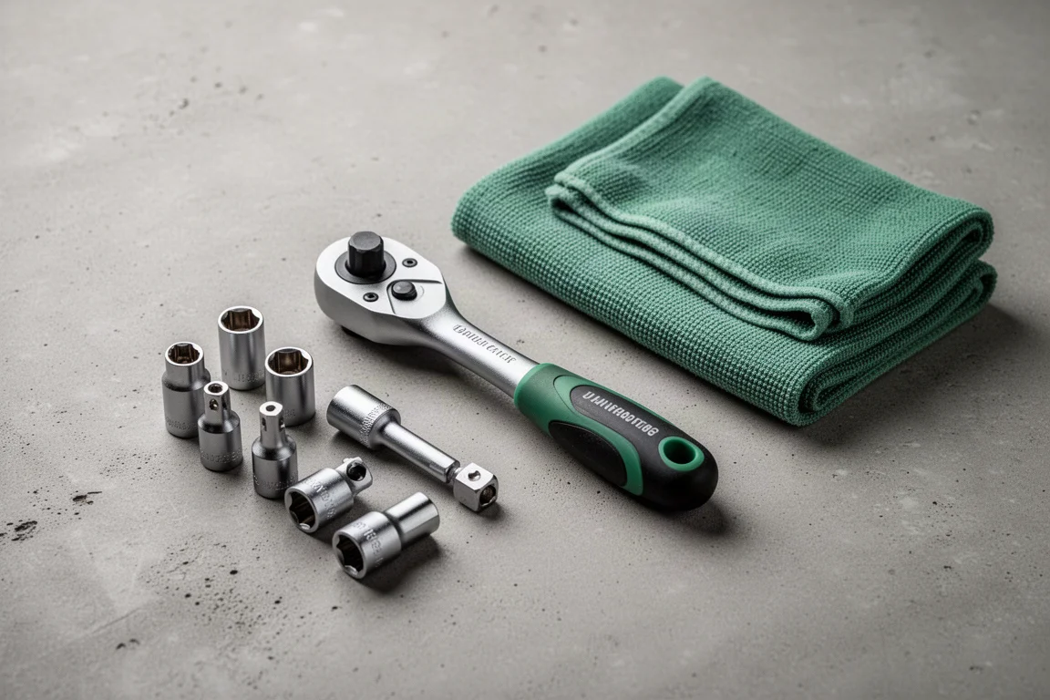 Ratchet and sockets laid out flat on a workbench with a tool catalogue nearby