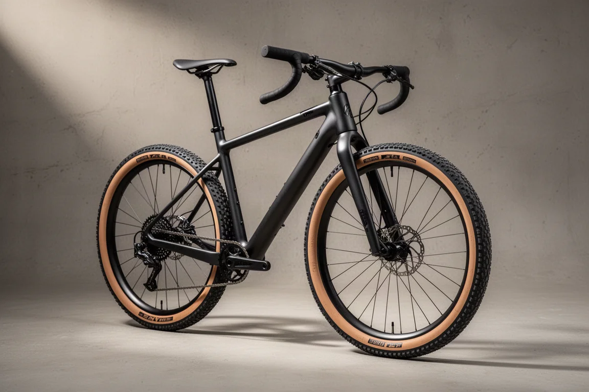 Drop-bar hardtail mountainbike met 100mm voorvork en brede slick banden tegen een betonnen achtergrond